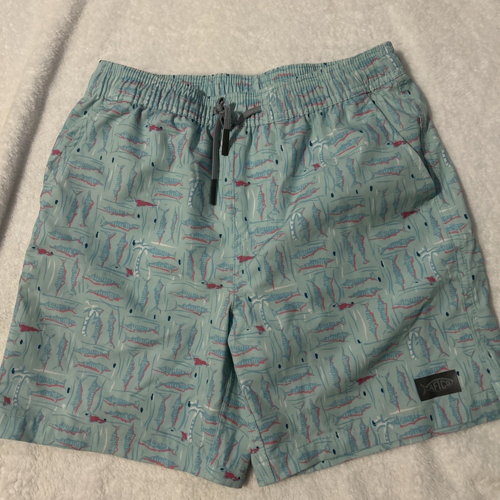 AFTCO Youth Medium Fishing Shorts Swim Trunks Fish Print Blue Drawstring